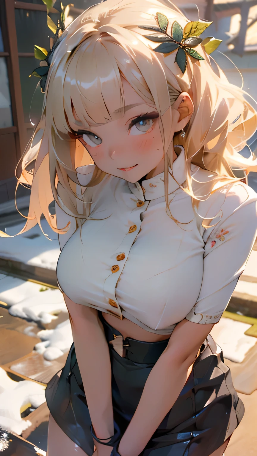 cute girl,1girl,((extremely cute and beautiful blonde haired anime girl)),((())),(large breasts:1.2),(blonde long hair:1.2, big forhead:1.2), (straight cut bangs:1.2), blonde hair, shiny hair, hairgrip, curled eyelashes:0.6,(beautiful big eyes:1.3), intricate eyes,beautiful detailed eyes,symmetrical eyes,big eyes:1.5,(apricot eyes:1.2), extremely detailed cute anime face, clear pale blush, dark brown skin, solo,🦄,🌈,kawaii,((fat)),(((lustrous skin:1.5,bright skin: 1.5,skin tanned,shiny skin,very shiny skin,shiny body,plastic glitter skin,exaggerated shiny skin,illuminated skin))),(spider lower abdomen,narrow waist,wide hip,athletic body,inflated legs,thick thighs,detailed body,(detailed face)),

cute,slutty,seductive,erotic,(nsfw),

zettai ryouiki,revealing clothing,show skin,mini skirt,(navel),(snowflake wreath),winter clothes,(((intricate outfit,intricate clothes,embroidered outfit,ornate outfit,embroidered clothes,ornate clothes))),

(dynamic pose:1.0),embarrassed,(centered,scale to fit dimensions,Rule of thirds),

((snowy pine forest)),winter,scenery:1.25,((intricate scenery)),((snow forest background)),Christmas tree,

(Glossy winter ornaments),highres,sharp focus,(ultra detailed,extremely detailed),(photorealistic artwork:1.37),(extremely detailed CG unity 8k wallpaper),(((vibrant colors,vibrant theme))),(intricate),(masterpiece),(best quality),
