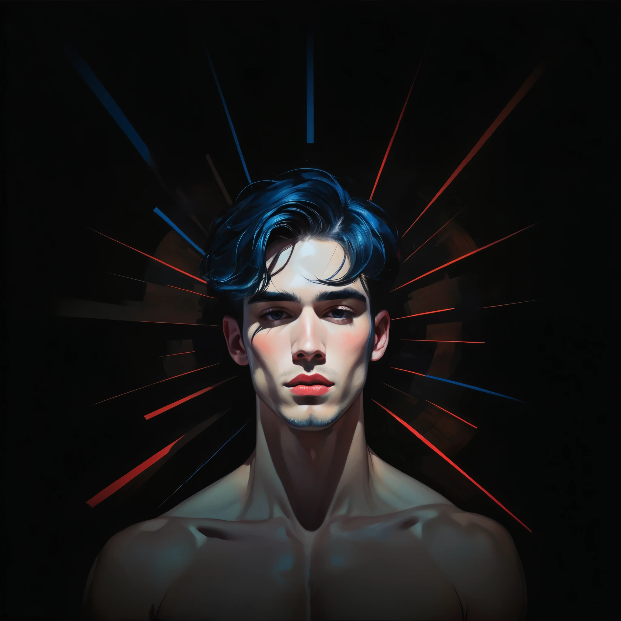 chiaroscuro technique on sensual illustration of an arafed man in white underwear, sexy masculine, diego fazio, male model, by Ludovit Fulla, model with attractive body, inspired by Ludovit Fulla, mid-shot of a hunky, the model draped in flowing, thick oil painting by Harumi Hironaka, extremely soft colors, vibrant, highly detailed, malcolm liepke painting, oil on canvas, high contrast, dramatic, refined, tonal, Create high contrast between light and shadow fire around, there is a red circle on a blue and red square, inspired by Bauhaus, in a shapes background, brown red blue, circle forms, red blue, by Leon Polk Smith, memphis abstract minimal art, graphic shapes, minimal art, blue and red, minimal art style, bauhaus art, inspired by El Lissitzky, bold simple shapes