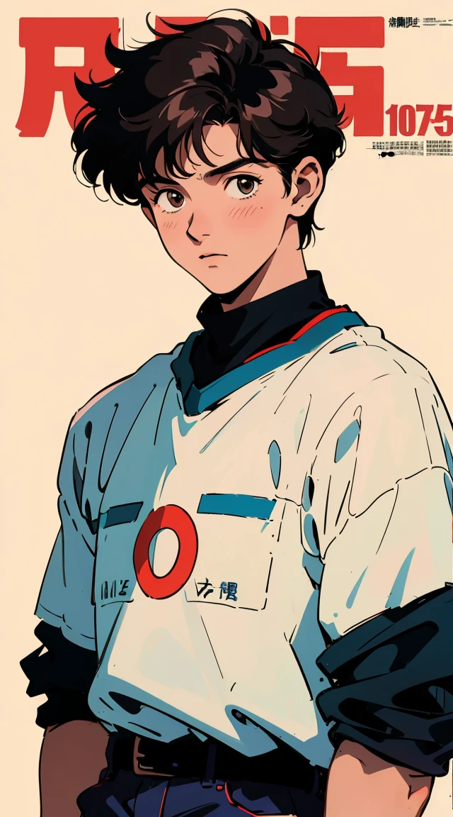 The highest image quality, 90s style anime, male, varonil chico, 21 year old male, pelo negro, pelo corto, peinado con raya al centro, dark brown eyes, con una camiseta blanca, moda de los 90,  Fondo blanco, (portada de revista), 