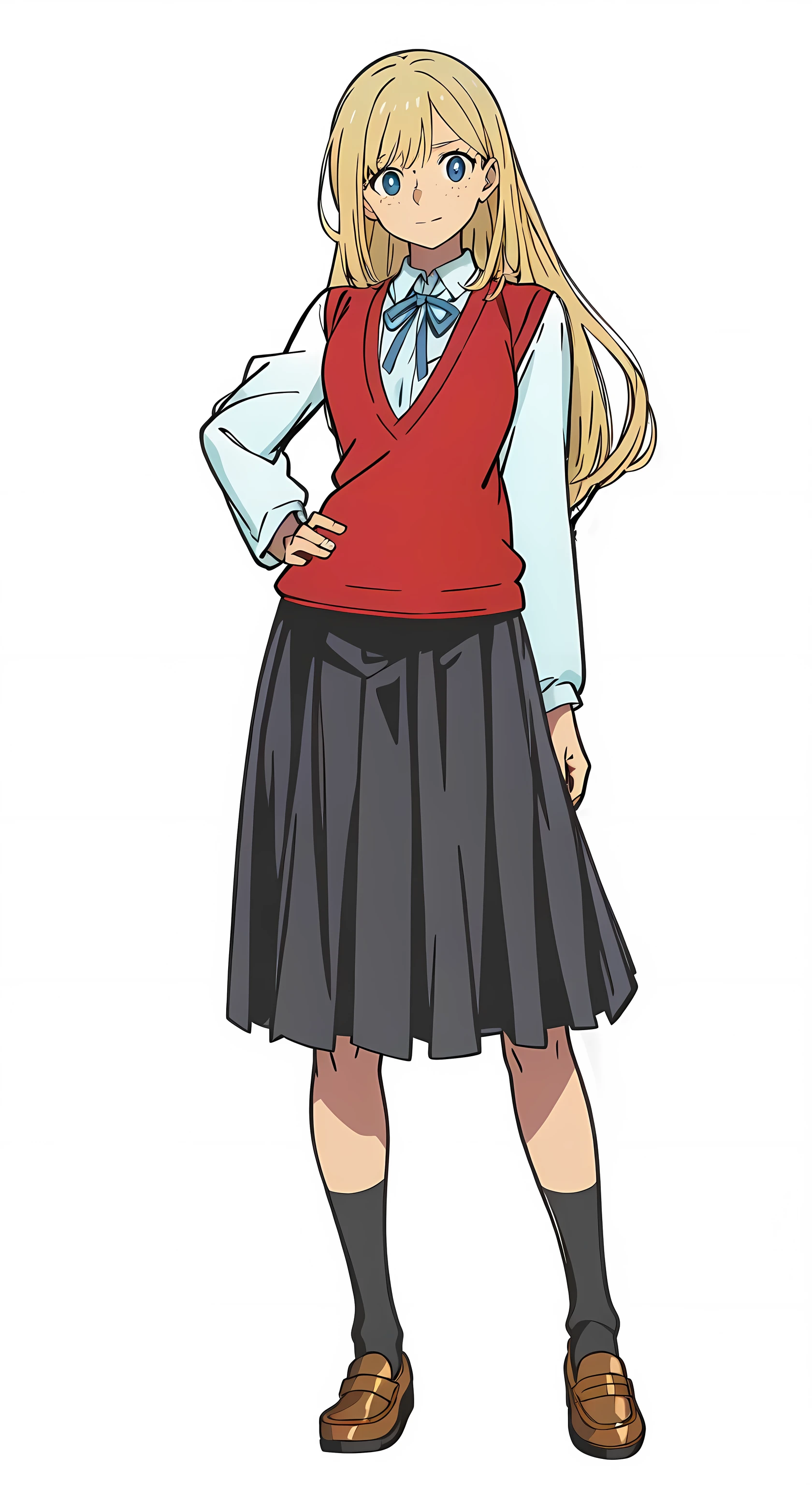 (best quality:1.0), (masterpiece:1.0), (super fine illustration:1.0), (beautiful artwork:1.0), (anime screencap:1.0), (official art:1.0), (european:1.0), (cheerful:1.0), (white background:1.0), (best quality:1.0), (masterpiece:1.0), (super fine illustration:1.0), (beautiful artwork:1.0), (anime screencap:1.0), (official art:1.0), (solo:1.0), (european:1.0), (a 18yo cute girl:1.0), (long skirt:1.0), (black skirt:1.0), (pleated skirt:1.0), (red knit vest:1.0), (white long sleeve collared shirt:1.0), (blue neck ribbon:1.0), (loafers:1.0), (black socks:1.0), (ideal ratio body proportions:1.0), (lanky:1.0), (tall:1.0), (slender:1.0), (small breasts:1.0), (smaller face:1.0), (tareme:1.0), (freckles:1.0), (detailed beautiful eyes:1.0), (detailed beautiful face:1.0), (glowing blue eyes:1.0), (long hair:1.0), (swept bangs:1.0), (blonde hair:1.0), (standing:1.0), (looking at viewer:1.0)