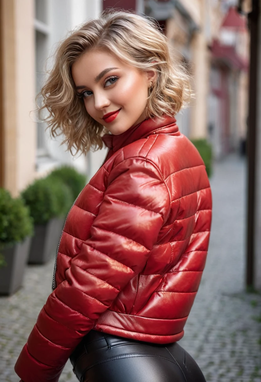 hyperrealistic beautiful busty 18-year-old women wearing red cropped puffer jacket and faux leather leggins, model shooting full body photography, view from behind, natural blonde short curly bob, dark eye makeup with eyeliner, seductive smile, small necklace, 8K, Best quality, Meisterwerk, ultra high resolution, (Realismus: 1.4), Originalfoto, (realistische Hautstruktur: 1.3), (Filmkorn: 1.3), (Selfie-Winkel), 1 girl, Beautiful round hazel eyes and facial details, Meisterwerk, Best quality, selfie-pic-posing outside, nsfw
