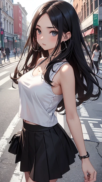 highest quality、Highest image quality、masterpiece、teenage girl((18-year-old、 Agar、vest bust、medium bust,wide open breast tea、Black eyes, black hair、long hair、slender,highest valley、cute makeup、Black short skirt、Red spats、fluttering hair、White navel tank top、chain accessories、DJ、headphones,break dance)),high quality、beautiful art、background((Live on the street、galleries)),muste piece、Depth of written boundary、movie、visual art、perfect art、