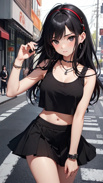 highest quality、Highest image quality、masterpiece、age girl((18-year-old、 Agar、vest bust、medium bust,wide open breast tea、Black eyes, black hair、long hair、slender,highest valley、cute makeup、Black short skirt、Red spats、fluttering hair、White navel tank top、chain accessories、DJ、headphones,break dance)),high quality、beautiful art、background((Live on the street、galleries)),muste piece、Depth of written boundary、movie、visual art、perfect art、