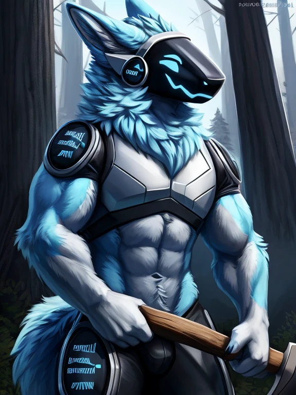 , (((Light blue fur protogen))) , big chest, day, sexy, sensual, detailed, uploaded to e621, beautiful and detailed portrait of an anthropomorphic Light blue fur protogen, (((male))) uploaded to e621, zaush, foxovh, movie lighting, , thicc, alone, muscles, muscular build, movie cover, cutting down a tree Like a lumberjack Wearing a red flannel shirt and black pants with a axe in the middle of the woods during the day, holding a cutting tool