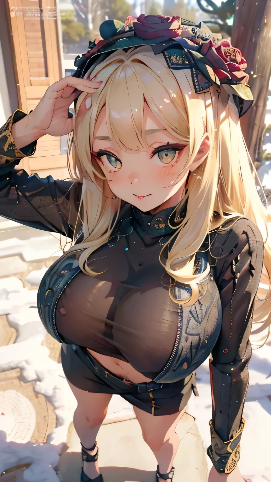 cute girl,1girl,((extremely cute and beautiful blonde haired anime girl)),((())),(large breasts:1.2),(blonde long hair:1.2, big forhead:1.2), (straight cut bangs:1.2), blonde hair, shiny hair, hairgrip, curled eyelashes:0.6,(beautiful big eyes:1.3), intricate eyes,beautiful detailed eyes,symmetrical eyes,big eyes:1.5,(apricot eyes:1.2), extremely detailed cute anime face, clear pale blush, dark brown skin, solo,🦄,🌈,kawaii,((fat)),(((lustrous skin:1.5,bright skin: 1.5,skin tanned,shiny skin,very shiny skin,shiny body,plastic glitter skin,exaggerated shiny skin,illuminated skin))),(spider lower abdomen,narrow waist,wide hip,athletic body,inflated legs,thick thighs,detailed body,(detailed face)),

cute,slutty,seductive,erotic,(nsfw),

zettai ryouiki,revealing clothing,show skin,mini skirt,(navel),(snowflake wreath),winter clothes,(((intricate outfit,intricate clothes,embroidered outfit,ornate outfit,embroidered clothes,ornate clothes))),

(dynamic pose:1.0),embarrassed,(centered,scale to fit dimensions,Rule of thirds),

((snowy pine forest)),winter,scenery:1.25,((intricate scenery)),((snow forest background)),Christmas tree,

(Glossy winter ornaments),highres,sharp focus,(ultra detailed,extremely detailed),(photorealistic artwork:1.37),(extremely detailed CG unity 8k wallpaper),(((vibrant colors,vibrant theme))),(intricate),(masterpiece),(best quality),
