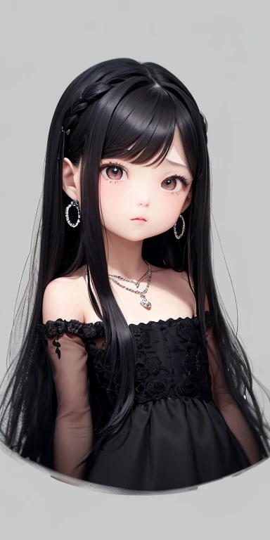Top quality masterpiece illustrations、Black hair and black eyes、Wearing multiple necklaces、Wearing earrings、 in black and white formal dress looking up、Cute and elegant face with long hair in the upward view. The angle of the lower body is fair.、More hair details、