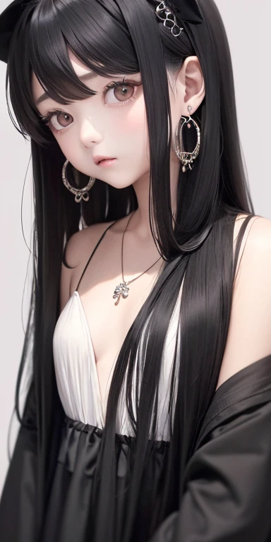 Top quality masterpiece illustrations、Black hair and black eyes、Wearing multiple necklaces、Wearing earrings、 in black and white formal dress looking up、Cute and elegant face with long hair in the upward view. The angle of the lower body is fair.、More hair details、