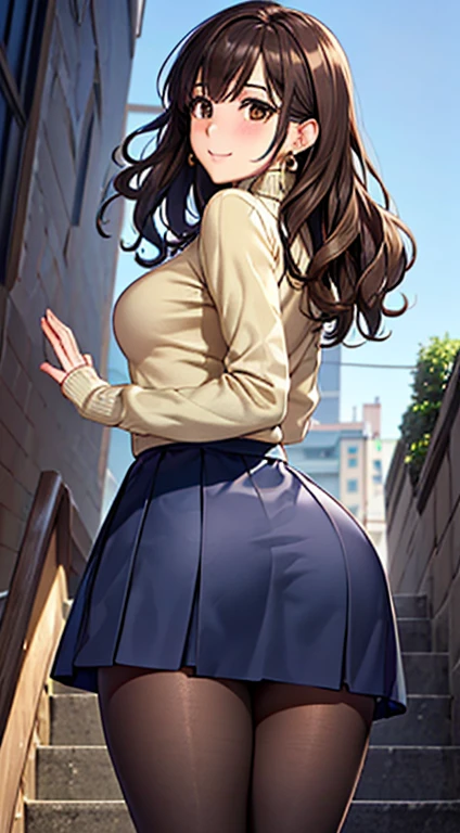 (table top, highest quality, High resolution, , perfect pixel, 4k,), 1 girl, single, alone, Beautiful woman、I could see the whole body、 ((wavy middle hair, bangs, brown hair)), ((brown eyes, beautiful eyelashes, realistic eyes)), ((detailed face, blush:1.2)), ((smooth texture:0.75, realistic texture:0.65, realistic:1.1, Anime CG style)), medium breasts, dynamic angle, perfect body, ((, female teacher, , earrings、necklace、beige turtleneck sweater、Dark blue flared skirt、black knee high stockings、school stairs、The wind flips my skirt、I can see pink pants、shy smile))、、evening、classroom、、、(stick out your butt、look back、grab the skirt with both hands、angle from below)、
