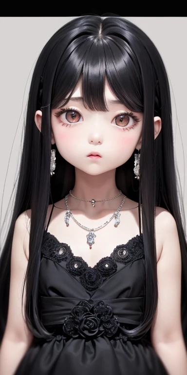 Top quality masterpiece illustrations、Black hair and black eyes、Wearing multiple necklaces、Wearing earrings、 in black and white formal dress looking up、Cute and elegant face with long hair in the upward view. The angle of the lower body is fair.、More hair details、