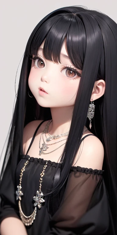 Top quality masterpiece illustrations、Black hair and black eyes、Wearing multiple necklaces、Wearing earrings、Little girl in black and white formal dress looking up、Cute and elegant face with long hair in the upward view. The angle of the lower body is fair.、More hair details、