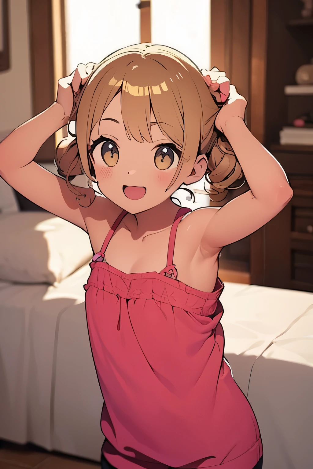 masterpiece,Pullover tank top shirt, Tank Top Shirt Down, Nipples,Nipples、Nipplesが見える,Nipples,Nipples、Nipplesが見える,Nipples, Off the shoulder, Bare shoulders, Blonde, Curly Hair, Twin tails, smile, hot pants digging into anus, Africa, Put your hands on your head, Leaning forward,Nipples,Nipples、Nipplesが見える