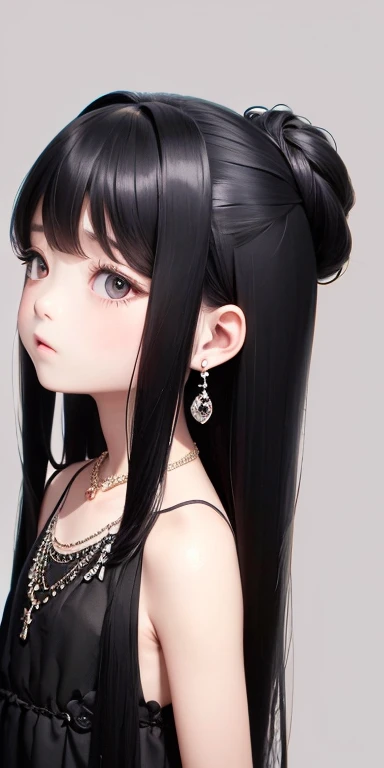 Top quality masterpiece illustrations、Black hair and black eyes、Wearing multiple necklaces、Wearing earrings、Little girl in black and white formal dress looking up、Cute and elegant face with long hair in the upward view. The angle of the lower body is fair.、More hair details、