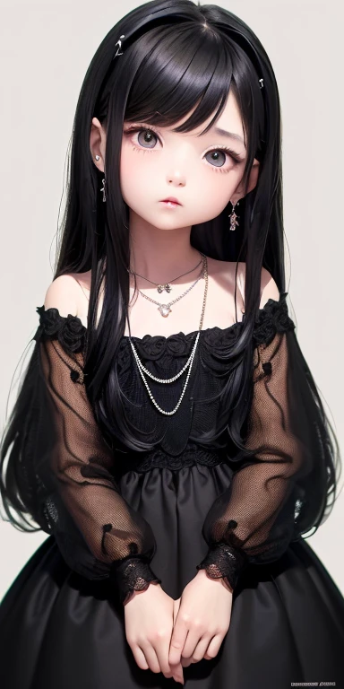Top quality masterpiece illustrations、Black hair and black eyes、Wearing multiple necklaces、Wearing earrings、Little girl in black and white formal dress looking up、Cute and elegant face with long hair in the upward view. The angle of the lower body is fair.、More hair details、