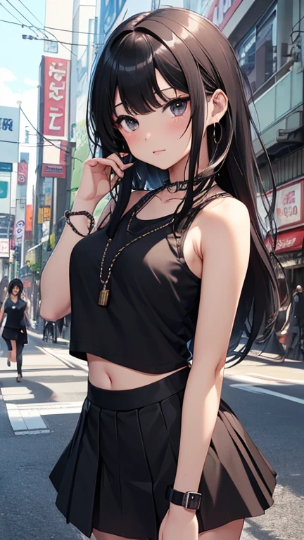 highest quality、Highest image quality、masterpiece、teenage girl((18-year-old、 Agar、vest bust、medium bust,wide open breast tea、Black eyes, black hair、long hair、slender,highest valley、cute makeup、Black short skirt、Red spats、fluttering hair、White navel tank top、chain accessories、headphones,dance motion)),high quality、beautiful art、background((Live on the street、galleries、Akihabara)),muste piece、Depth of written boundary、movie、visual art、perfect art、
