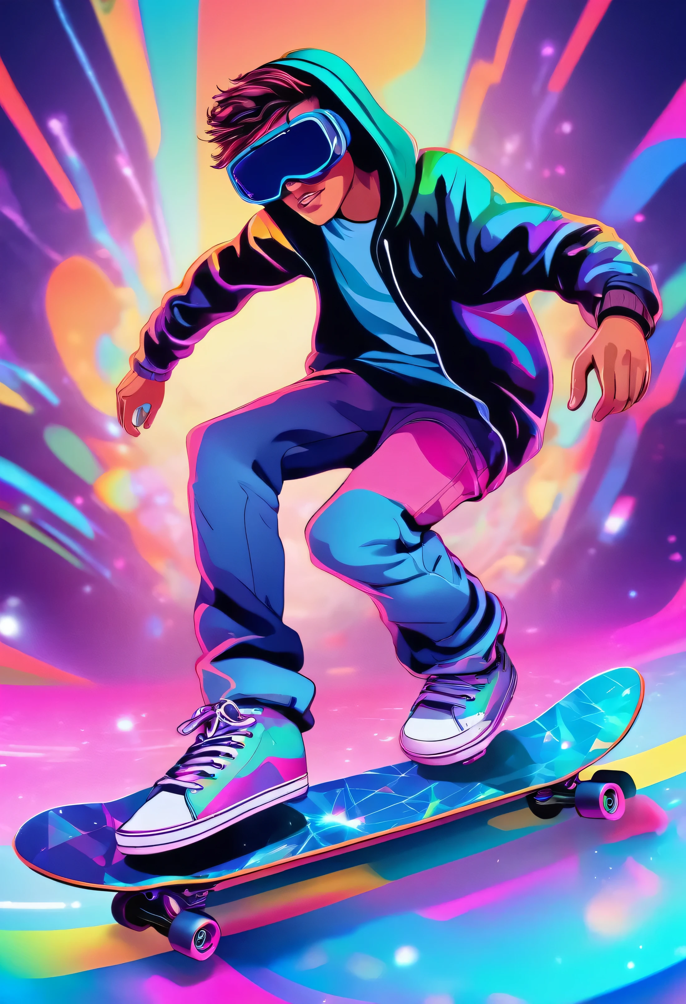 Young skater in a hoodie doing tricks on a skateboard, large VR glasses, on his face, from the front, virtual reality, touching the holographic space around him with his fingers, many holographic graphics in the background, colorful vector, details. of shadows and volume