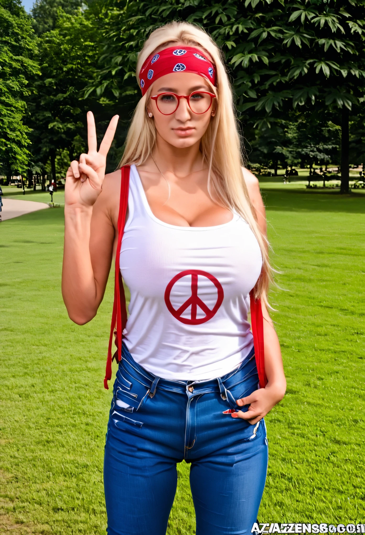 young woman (1girl, 21yo), blonde wearing a tank top and denim pants, walking in the park, wearing a red bandana on her head, round eyeglasses,  she has one hand in her pocket, the other hand is making a peace sign, 