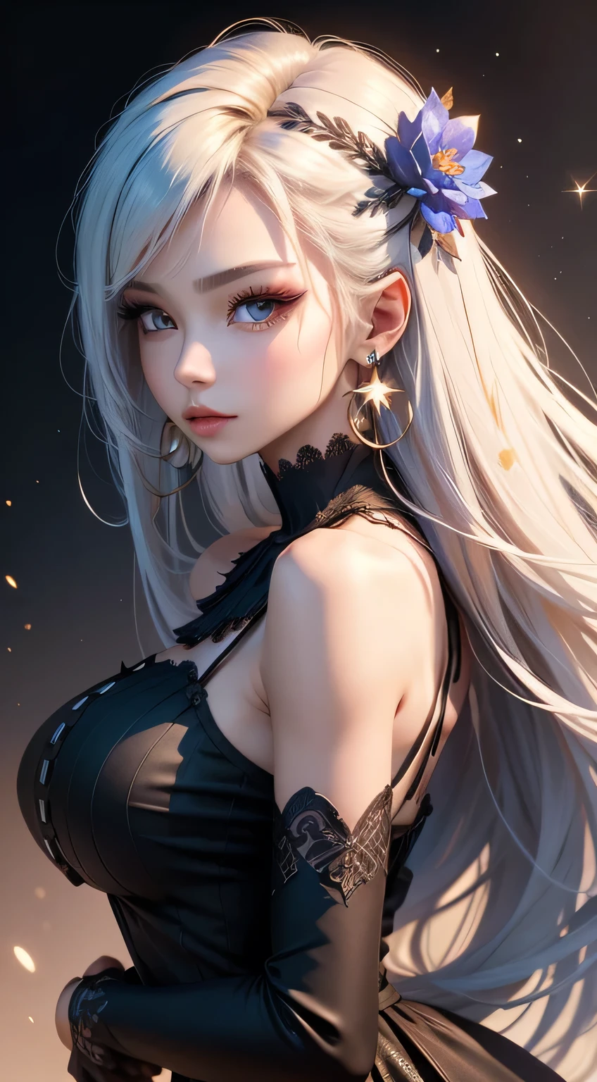 sfw, masterpiece,(masterpiece, top quality, best quality), 1girl, solo, long hair, jewelry, earrings, black background, looking at viewer, blue eyes, upper body, white hair, simple background, bangs, hand up, hair ornament, from side, light particles, bare shoulders, sparkle, long sleeves, breasts, blonde hair, dress, star (symbol), lips, eyelashes, wearing bra,((skinny waist)), young asian girl, ((big breasted)),