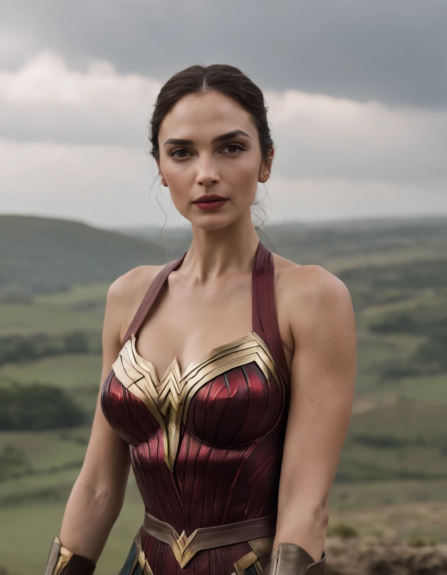 Uma mulher maravilha, rosto perfeito, Gal Gadot, is in the midst of gerra, e em pose de combate, cena de filme, full body waist up pose , upper knees pose , damp , cleavage 