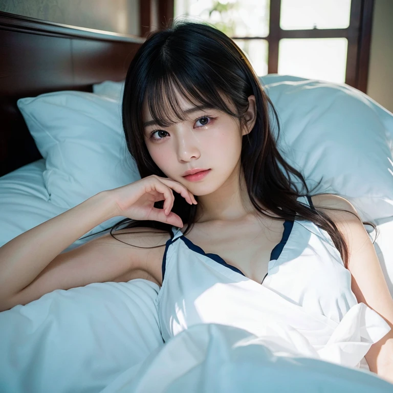 (highest quality,masterpiece:1.3,超High resolution),(Very detailed,Caustics,8k),(Realistic:1.4,RAW shooting),18-year-old,Japanese,cute,Sailor suit,Black long hair,forward leaning posture,Ultra-high definition 8K,highest quality,Very detailedな,masterpiece,Realistic,Rich details,Photographic realism,Very detailedな環境,Very detailedな照明,Very detailedな詳細,Photographic works,Painful expression,cry,目を開けてcry,(Lying in bed:1.5),Looking at the camera,Top view angle,,Natural light, bare skin above collarbone, Shoulder Bare Skin, masterpiece, highest quality, High resolution, View your viewers,(Face Focus:1.1),(Face close-up:1.1),
