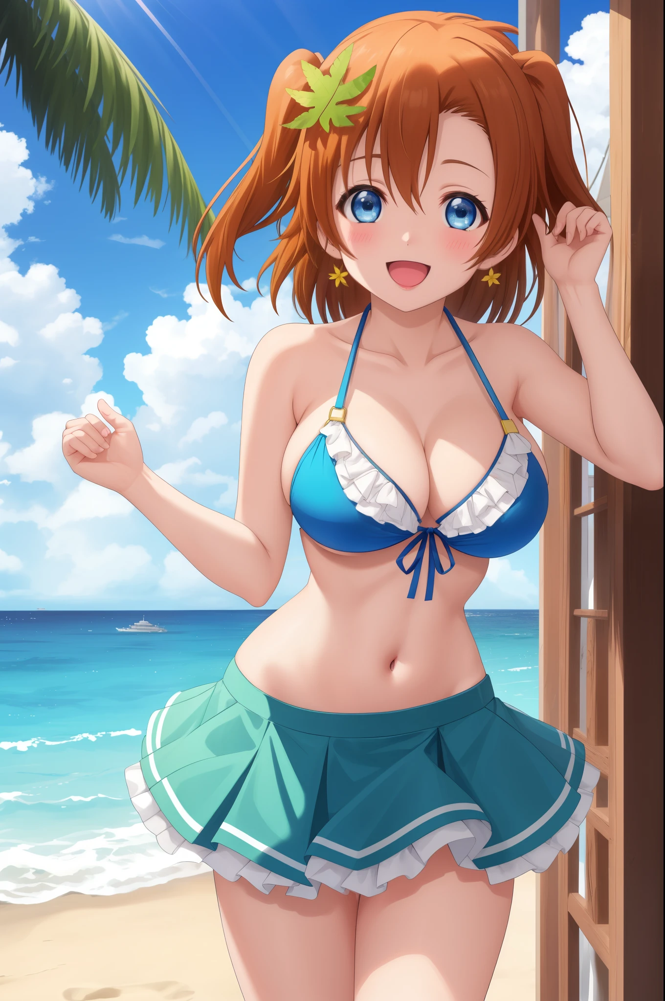 Masterpiece, best quality, solo, breasts, looking_at_viewer, blush, smile, skirt, kousaka honoka, blue eyes, open_mouth, blue_eyes, large_breasts, navel, :d, leaf bikini,palm tree leaf,outdoors, sky, solo_focus, day, blue_sky, ocean, beach
