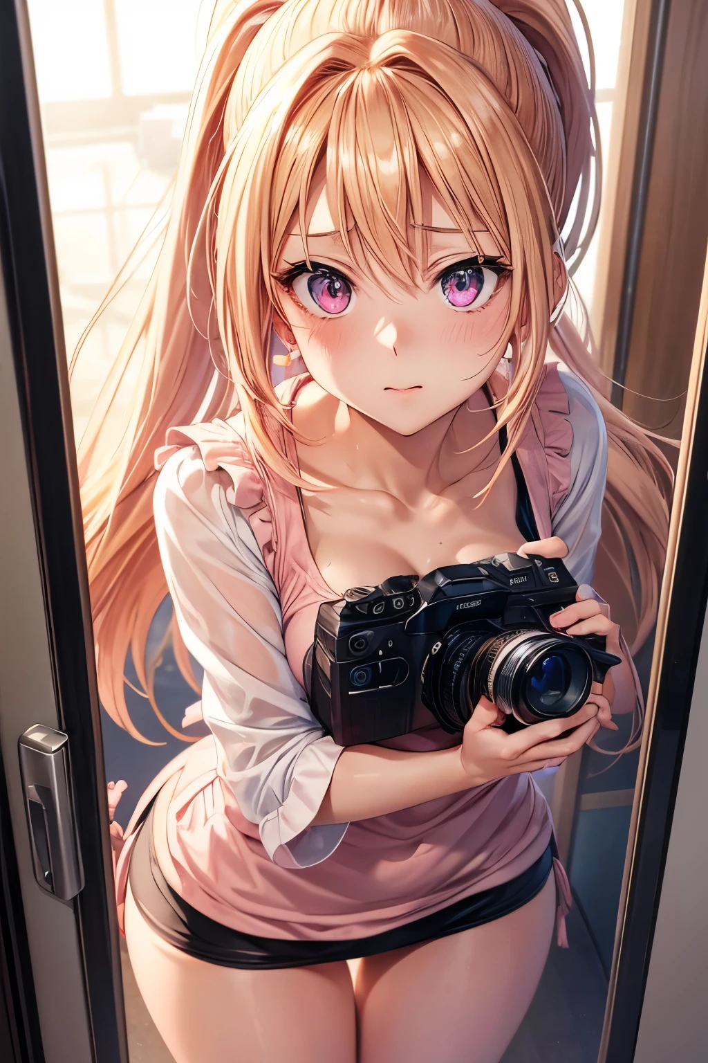  beautiful anime light pink eyes hot teacher small sweating sexy giant breasts small cute long blonde hair ponytail close up small 8k anime very close to the camera shy in front glued to the screen top down view sexy short clothes stuck to the camera