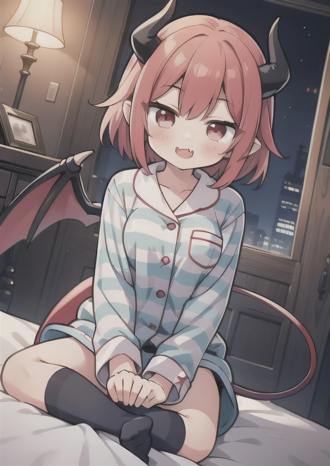 8K, 1girl. petit, teen, kawaii vampire, crimson hair, short hair, red eyes, bat wings, smile, (blush), (shy), fang, looking at viewer,  dynamic angle, wind, game cg, fantastic scenery, demon tail, black horns, medium breast, pajamas, striped socks, bedroom 