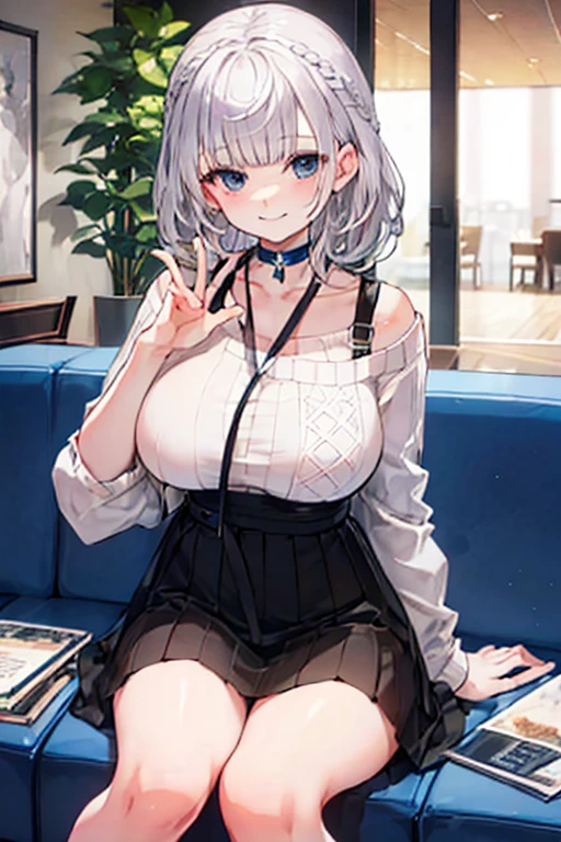 highest quality、cute、With a smile、Inside the hotel、Sitting、Perfect Fingers、 Big Breasts,3✕3の目、black eye、white hair、Casual wear