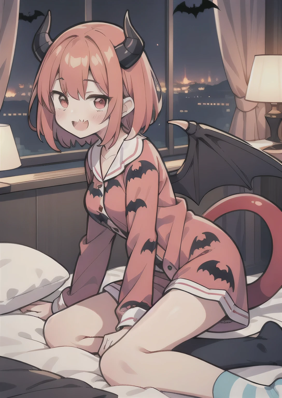 8K, 1girl. petit, , kawaii vampire, crimson hair, short hair, red eyes, bat wings, smile, (blush), (shy), fang, looking at viewer, dynamic angle, wind, game cg, fantastic scenery, demon tail, black horns, medium breast, pajamas, striped socks, bedroom
