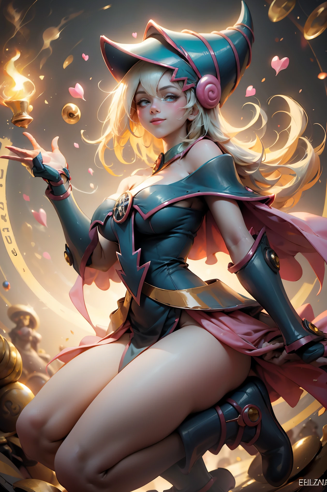 (Obra maestra:1.2), (La mejor calidad:1.2), perfect lighting, Chica Maga Oscura en tacones, lanzando un hechizo, sonriendo y flotando en el aire, tetas grandes, escote, fondo de magia. Corazones transparente en el ambiente,  ella usa Tacones 