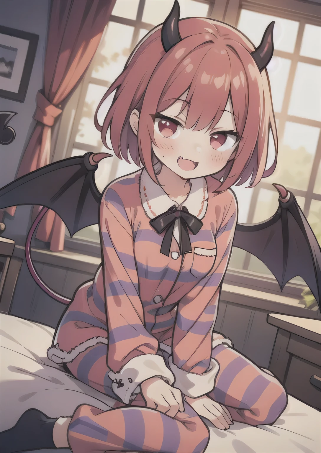 8K, 1girl. petit, teen, kawaii vampire, crimson hair, short hair, red eyes, bat wings, smile, (blush), (shy), fang, looking at viewer,  dynamic angle, wind, game cg, fantastic scenery, demon tail, black horns, medium breast, pajamas, striped socks, bedroom 
