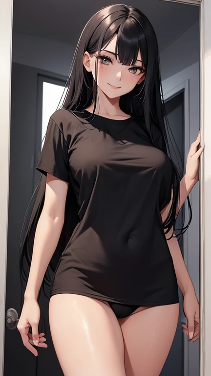 masterpiece, best quality, ultra detailed, beauty, perfect anatomy, pretty body, pretty face, perfect hands, perfect fingers, 1 girl, 21 yo, black long hair, black eyes, seductive smile, spicy, thighs, ass, breast, wearing a long white t shirt, wet shirt, tight, no pants, standing at the door, room background,