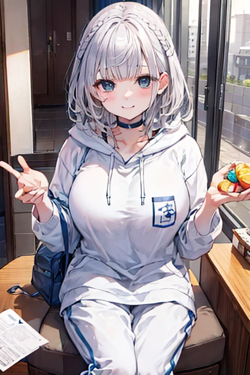 highest quality,cute、With a smile、Inside the hotel、Sitting、hoodie、Perfect Fingers、 Big Breasts,3✕3の目、black eye、white hair、pajamas、Waking up、