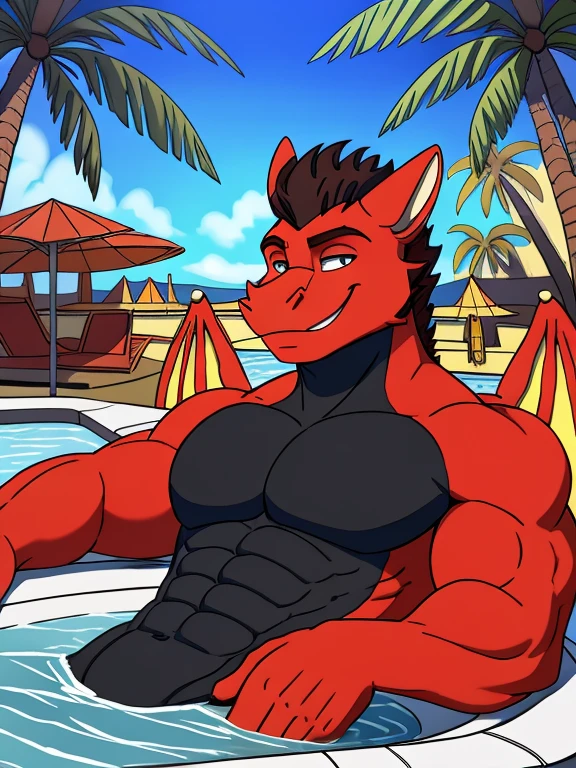 , (((Jonathan in a lava filled Jacuzzi smiling and relaxing with the hotel and palm trees in the background ))) , big chest, day, sexy, sensual, detailed, uploaded to e621, beautiful and detailed portrait of an anthropomorphic , (((male))) uploaded to e621, zaush, foxovh, movie lighting, , thicc, alone, some muscular build, movie cover, Jonathan in a lava filled Jacuzzi smiling and relaxing with the hotel and palm trees in the background, Jonathan the red dragon with wings and a black chest and has brown hair on his head