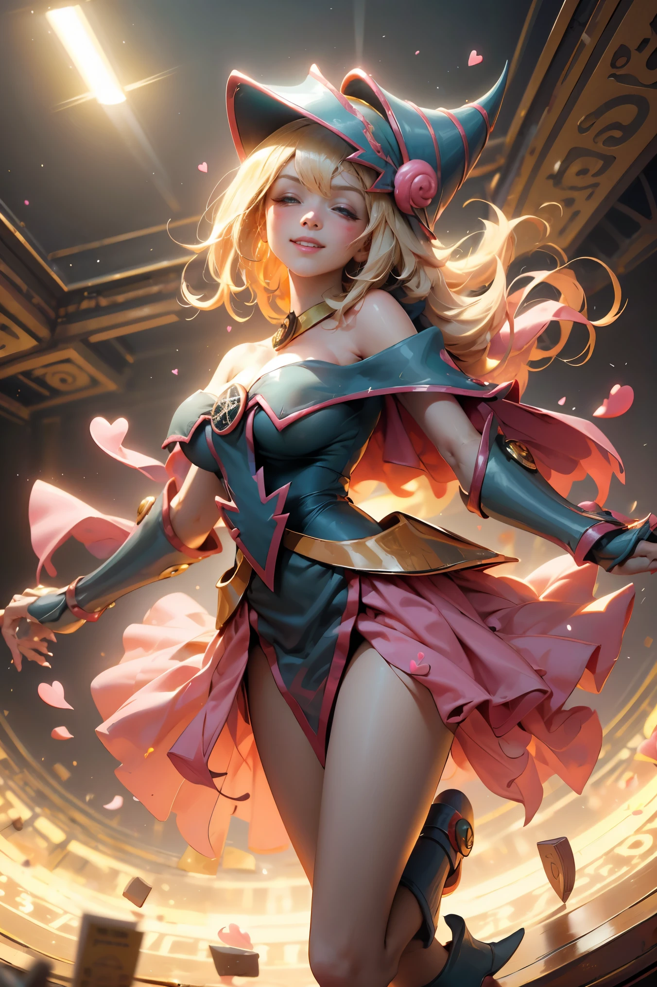 (Obra maestra:1.2), (La mejor calidad:1.2), perfect lighting, Chica Maga Oscura en tacones, lanzando un hechizo, sonriendo y flotando en el aire, tetas grandes, escote, fondo de magia. Corazones transparente en el ambiente,  ella usa Tacones 