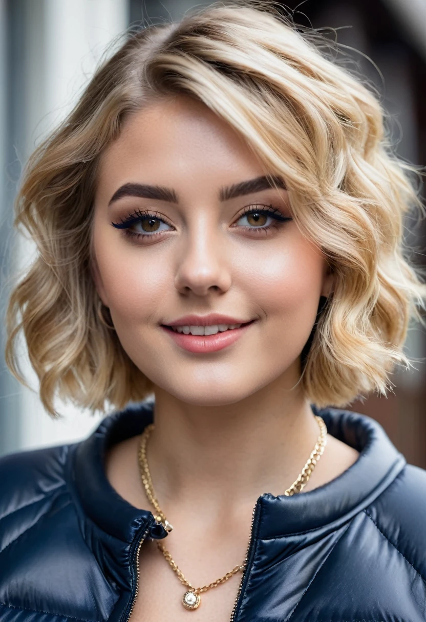 hyperrealistic beautiful busty 18-year-old women wearing navy cropped puffer jacket and faux leather leggins, model shooting full body photography, view from behind, natural blonde short curly bob, dark eye makeup with eyeliner, seductive smile, small necklace, 8K, Best quality, Meisterwerk, ultra high resolution, (Realismus: 1.4), Originalfoto, (realistische Hautstruktur: 1.3), (Filmkorn: 1.3), (Selfie-Winkel), 1 girl, Beautiful round hazel eyes and facial details, Meisterwerk, Best quality, selfie-pic-posing outside, nsfw