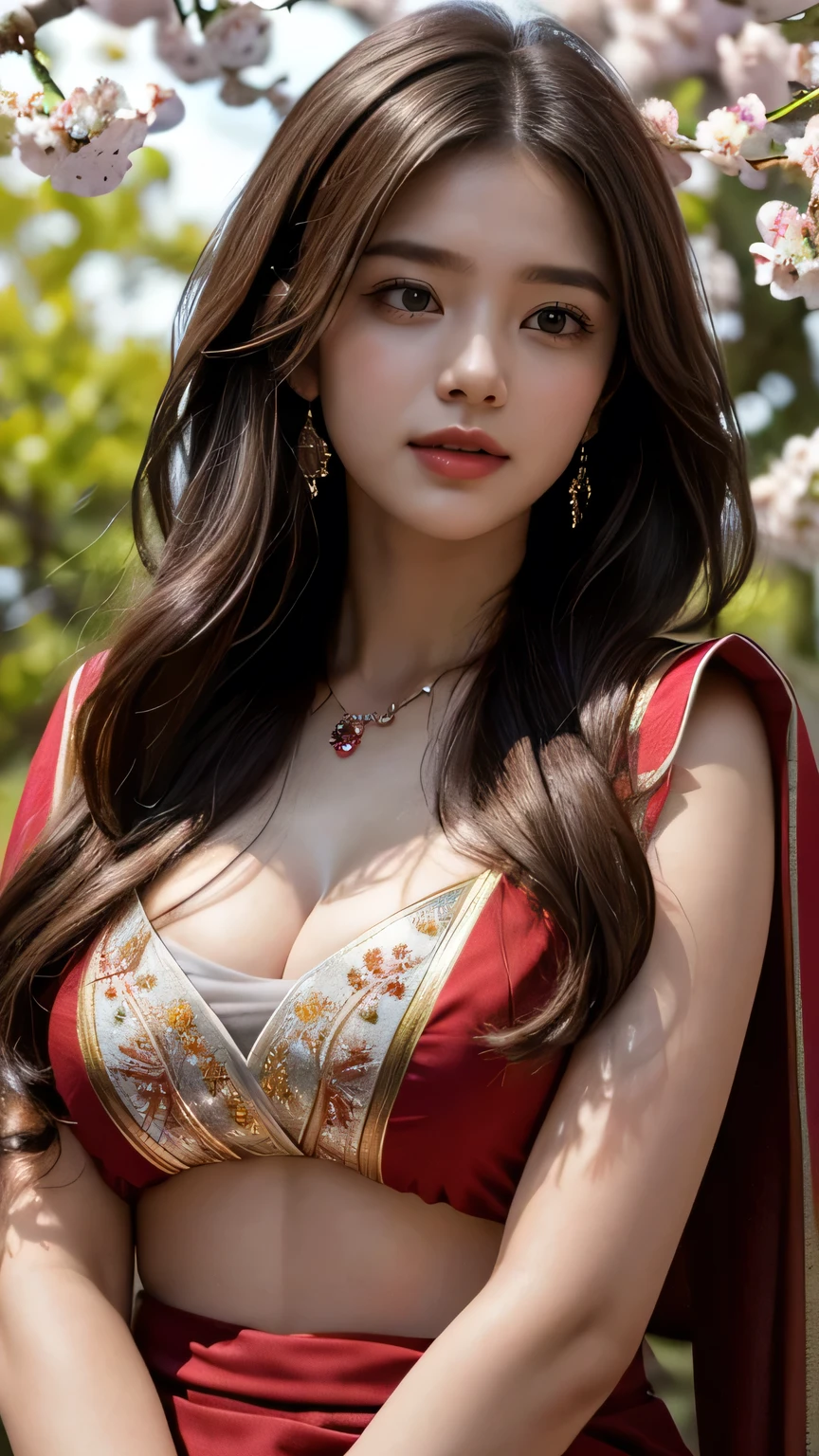 (best quality,4k,8k,highres,masterpiece:1.2),ultra-detailed,(realistic,photorealistic,photo-realistic:1.37),beautiful girl in Red Indian Saree ,big breast,cute face,long eyelashes,luminous skin,narrow waist,flowing hair,rosy cheeks,sparkling blue eyes, Playful smile,elegant posture,lovely tiara,charming necklace,vibrant flowers in the background,sunlight filtering through the trees,soft and ethereal lighting style , Background cherry blossom , big cleavage