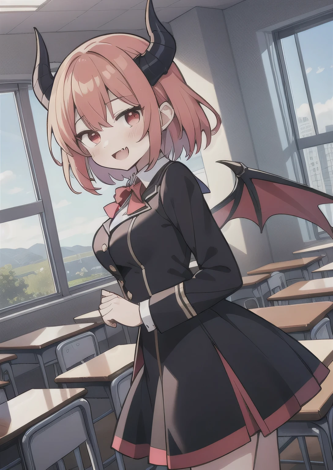 8K, 1girl. petit, teen, kawaii vampire, crimson hair, short hair, red eyes, bat wings, smile, (blush), (shy), fang, looking at viewer,  dynamic angle, wind, game cg, fantastic scenery, demon tail, black horns, medium breast, class uniform, mary janes,  classroom 