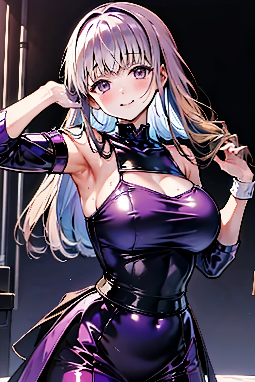 masterpiece, 1 girl, alone, Shortcuts, , honest "Queen" Niijima (honest Niijima) -person、Looking at the audience, Big Breasts, Mature Woman, blush, smile, Black Hair、Lilac eyes, Pink Bed, Mature Woman,Black latex gloves,Purple off-the-shoulder latex suit,Purple Skirt,Purple off-the-shoulder latex,Purple latex skirt,Latex shirt,Purple latex off-shoulder shirt,Armpit sweat