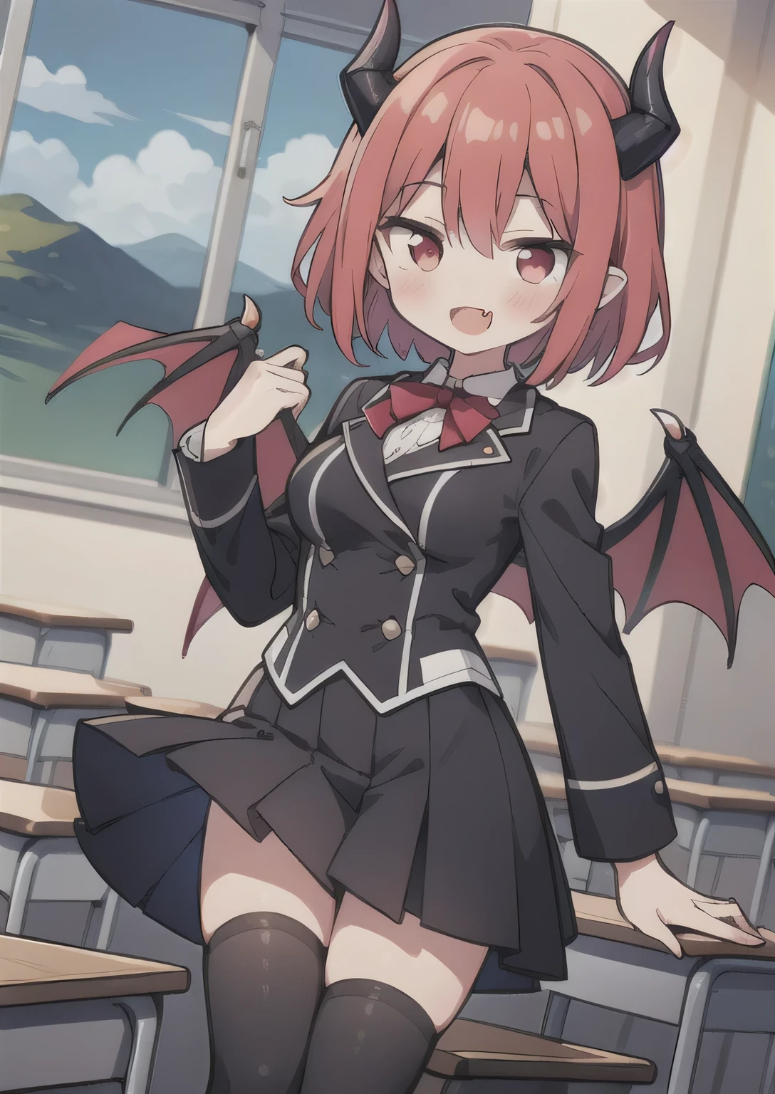 8K, 1girl. petit, teen, kawaii vampire, crimson hair, short hair, red eyes, bat wings, smile, (blush), (shy), fang, looking at viewer,  dynamic angle, wind, game cg, fantastic scenery, demon tail, black horns, medium breast, class uniform, mary janes,  classroom, thighhighs 