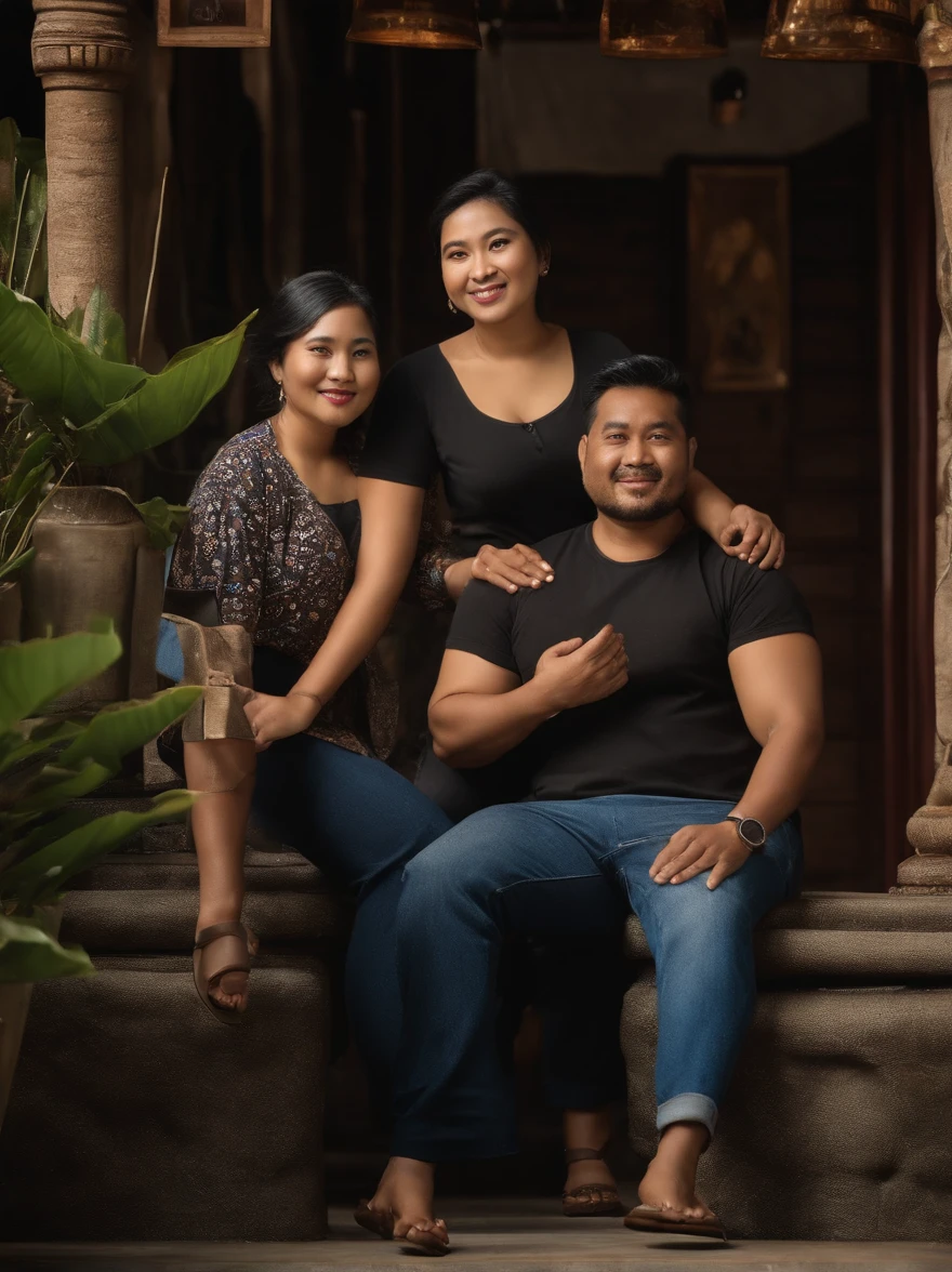 Hyperrealistic photo of a Javanese man, fat, handsome, wearing blue jeans, black t-shirt that says "OM DWI". With short, smooth black hair, this man from Java took a selfie with a Japanese woman next to him in his arms, with a body proportioned like a model, under the terrace of a rural house, very hyper realistic ultra HD.ultra-HD. hd .4K