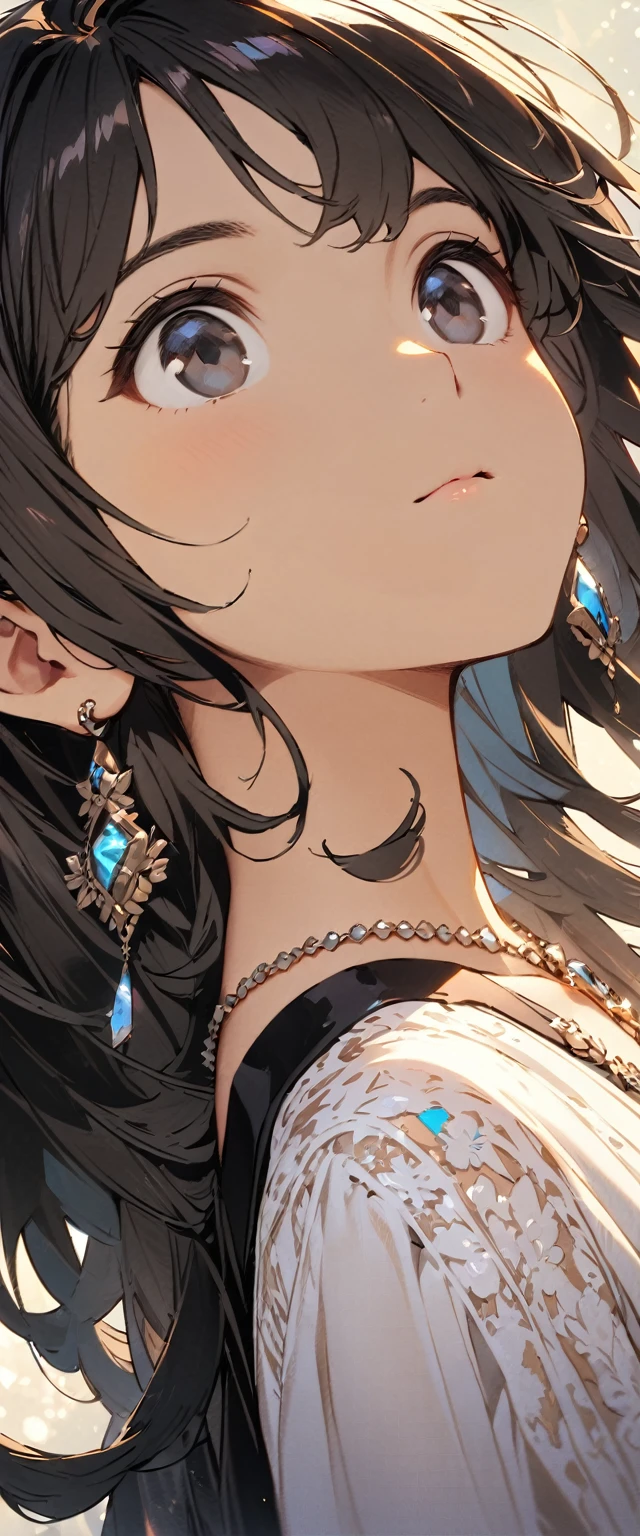 Top quality masterpiece illustrations、Black hair and black eyes、Wearing multiple necklaces、Wearing earrings、Little girl in black and white formal dress looking up、Cute and elegant face with long hair in the upward view. The angle of the lower body is fair.、More hair details、