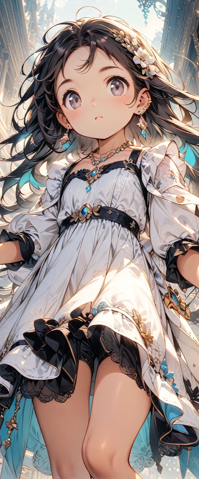 Top quality masterpiece illustrations、Black hair and black eyes、Wearing multiple necklaces、Wearing earrings、Little girl in black and white formal dress looking up、Cute and elegant face with long hair in the upward view. The angle of the lower body is fair.、More hair details、