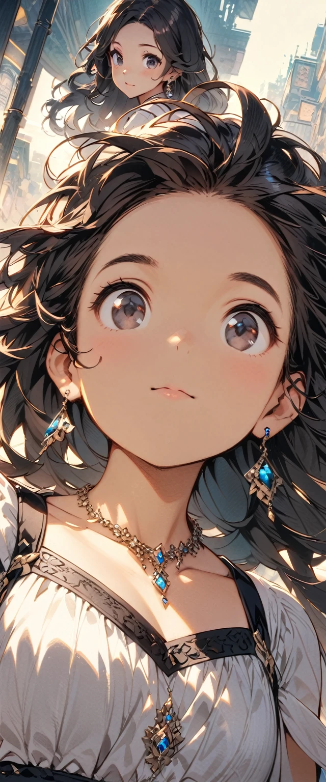 Top quality masterpiece illustrations、Black hair and black eyes、Wearing multiple necklaces、Wearing earrings、Little girl in black and white formal dress looking up、Cute and elegant face with long hair in the upward view. The angle of the lower body is fair.、More hair details、