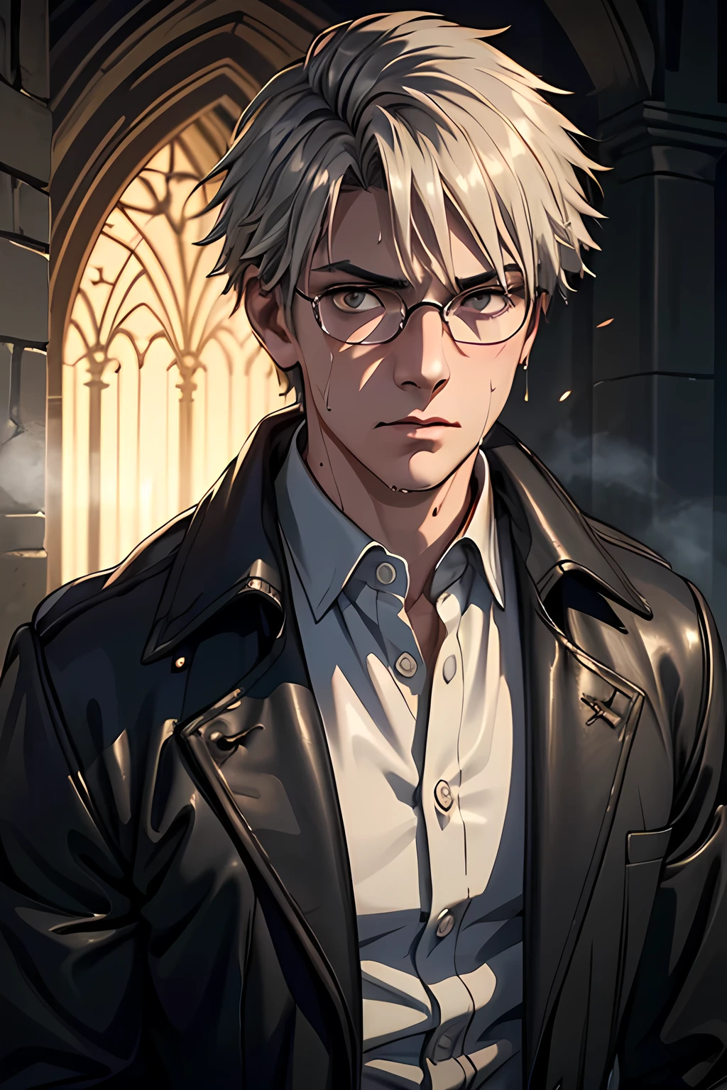 (best quality,4k,8k,highres,masterpiece:1.2),ultra-detailed,(realistic,photorealistic,photo-realistic:1.37),young man with glasses,silver hair,brown eyes,19th century England,exorcist,blue fire,anime style,illustration,historical,haunting atmosphere,gothic architecture,mystical aura,detailed clothing and accessories,leather jacket,top hat,ruffled shirt,mysterious expression,sharp gaze,dark surroundings,misty streets,distant moonlight,ominous shadows,spiritual symbols,ethereal glow,subtle color palette,elegant lighting,reflection on wet cobblestones,attention to facial features,expressive eyes,intense gaze,long eyelashes,determined face,crimson accents