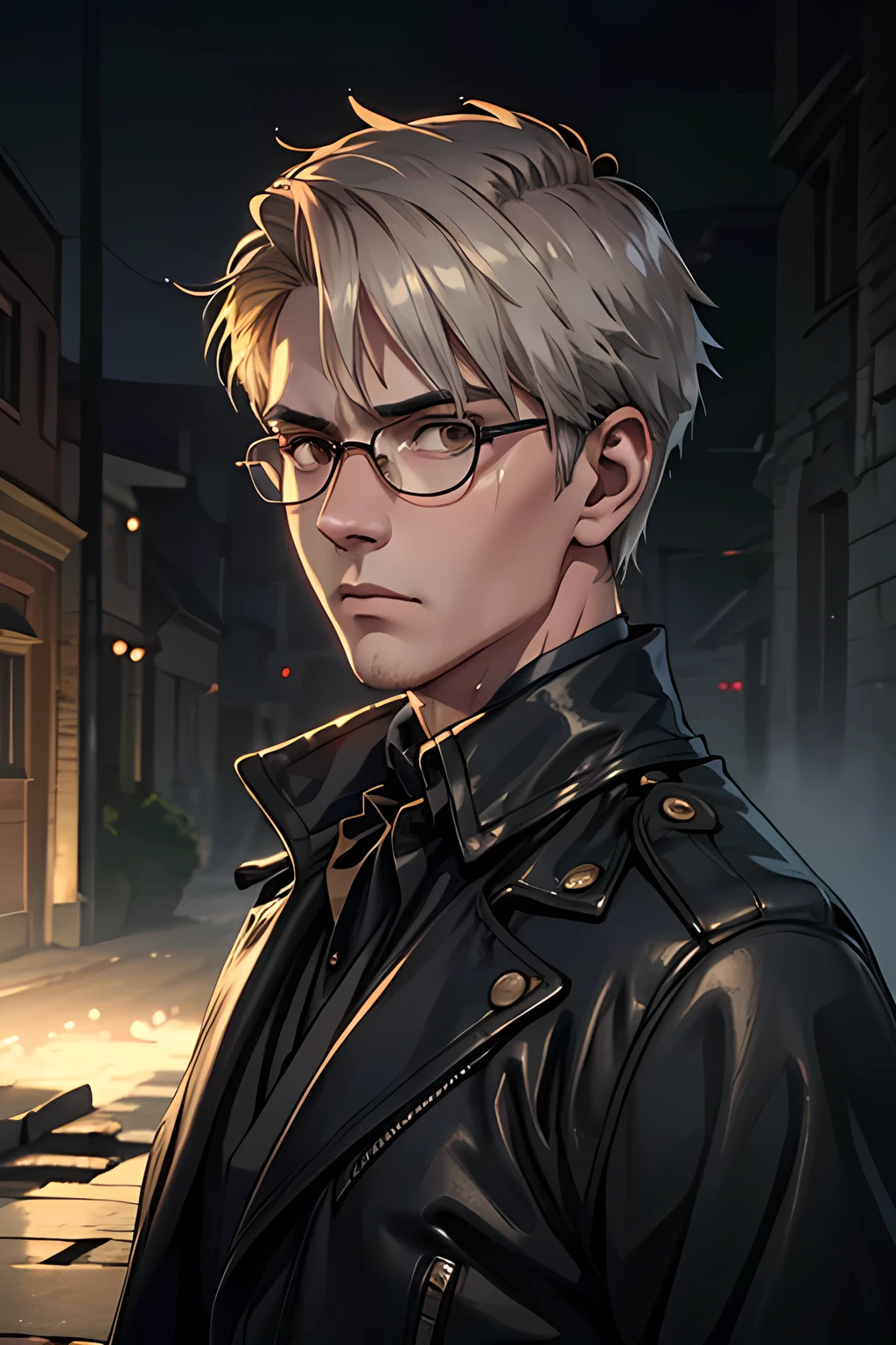 (best quality,4k,8k,highres,masterpiece:1.2),ultra-detailed,(realistic,photorealistic,photo-realistic:1.37),young man with glasses,silver hair,brown eyes,19th century England,exorcist,blue fire,anime style,illustration,historical,haunting atmosphere,gothic architecture,mystical aura,detailed clothing and accessories,leather jacket,top hat,ruffled shirt,mysterious expression,sharp gaze,dark surroundings,misty streets,distant moonlight,ominous shadows,spiritual symbols,ethereal glow,subtle color palette,elegant lighting,reflection on wet cobblestones,attention to facial features,expressive eyes,intense gaze,long eyelashes,determined face,crimson accents