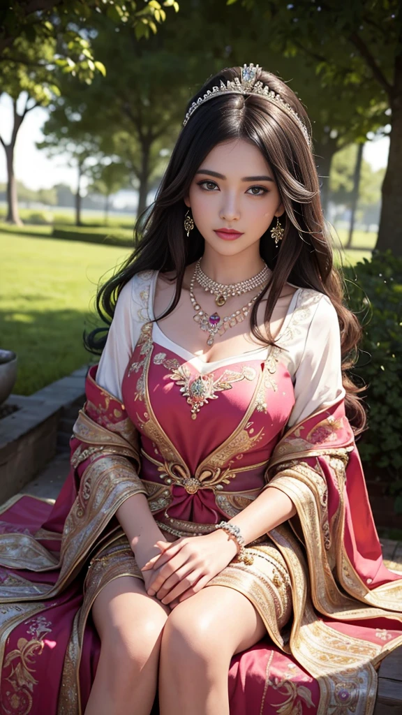 best quality, masterpiece, 1girl, ( royal princess dress), FUSCSIA dress, hair ornament, necklace, (jewellery:1.8), Beautiful face, upon body, tyndall effect, photorealistic, rim lighting, two tone lighting, (high detailed skin:1.2), dslr, (spreading light:1.5) soft lighting, high quality, volumetric lighting, candid, (in the garden), Photograph, high resolution, 4k, 8k, Bokeh, sitting,