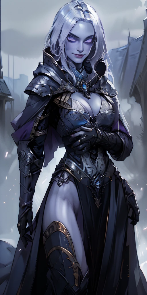 (chest covered) (smile) Gray skin, pale golden hair and violet eyes. They prefer clothing of white and silver with cloaks of deep blue or purple, village background, ((very precise detailed)) ((high res)