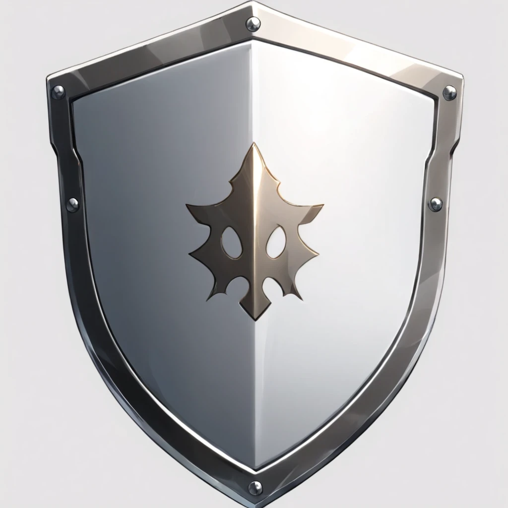 masterpiece, best quality, official digital art, 2D shield icon to be used for a card game, the shield is shiny and metallic silver, the shield is plain and simple and shouldnt be intricately designed or adorned, White background, 8k, anime-inspired style, no people, no humans