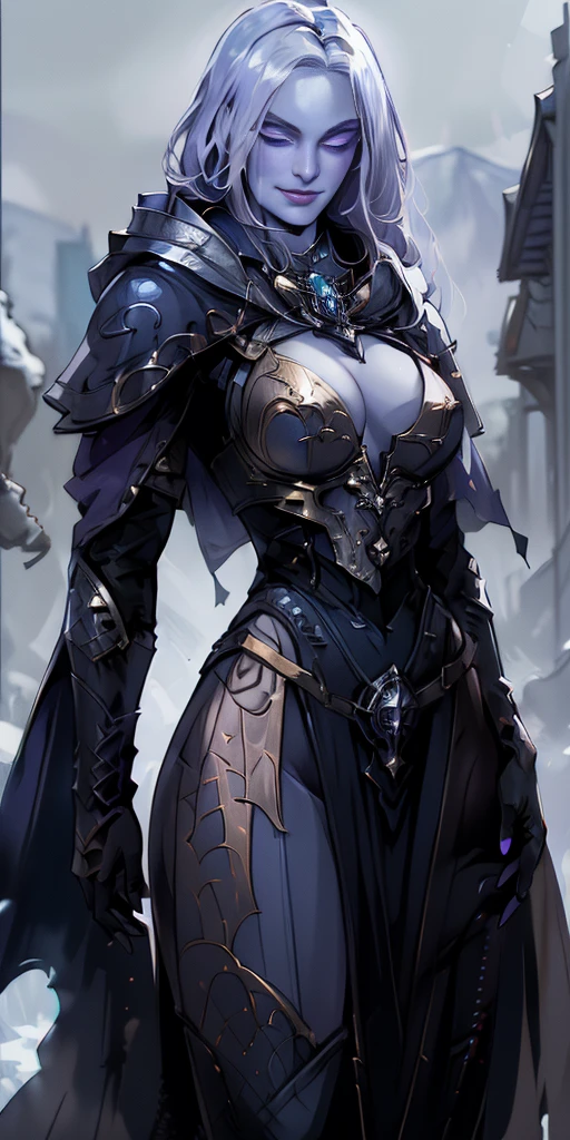 (chest covered) (smile) Gray skin, pale golden hair and violet eyes. They prefer clothing of white and silver with cloaks of deep blue or purple, village background, ((very precise detailed)) ((high res)