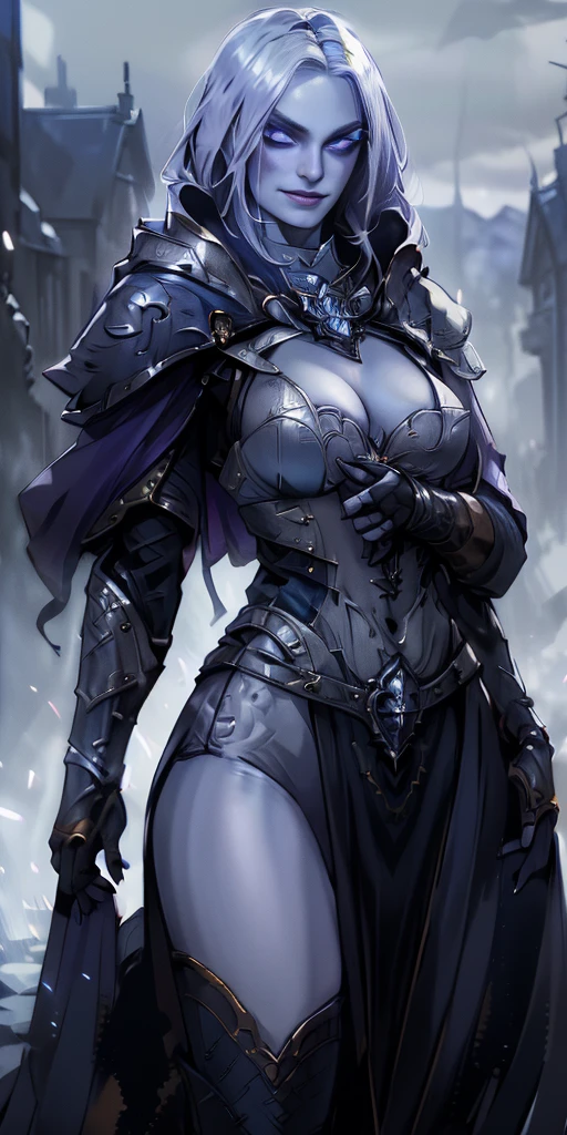 (chest covered) (smile) Gray skin, pale golden hair and violet eyes. They prefer clothing of white and silver with cloaks of deep blue or purple, village background, ((very precise detailed)) ((high res)